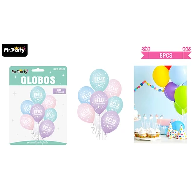 SET DE GLOBOS DE LATEX 8PCS FELIZ CUMPLEAÑOS COLOR PASTEL - 1