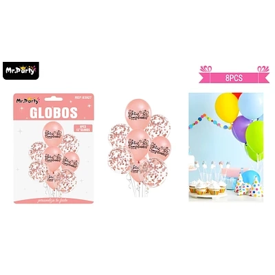SET DE GLOBOS DE LATEX 8PCS FELIZ CUMPLEAÑOS ROSA CHAMPAGNE - 1