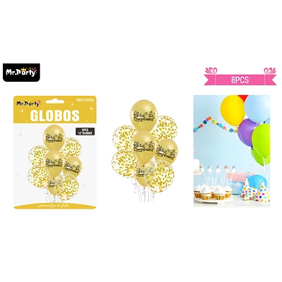 SET DE GLOBOS DE LATEX 8PCS FELIZ CUMPLEAÑOS DORADO - 1