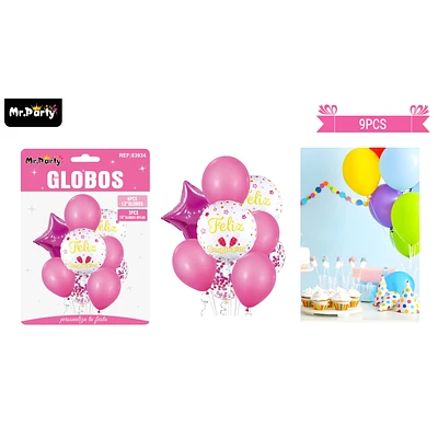 SET DE GLOBOS DE LATEX 9PCS FELIZ CUMPLEAÑOS ROSADO - 1