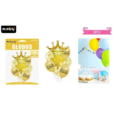 SET DE GLOBOS DE LATEX 8PCS FELIZ CUMPLEAÑOS CON ESTRELLA Y CORONA DORADO - 1