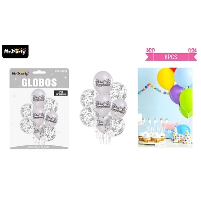 SET DE GLOBOS DE LATEX 8PCS FELIZ CUMPLEAÑOS PLATEADO - 1