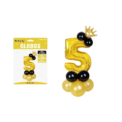 SET GLOBOS DE NUMERO 5 DORADO CON CORONA 16PCS - 1