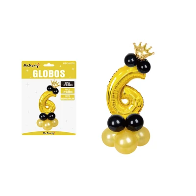 SET GLOBOS DE NUMERO 6 DORADO CON CORONA 16PCS - 1