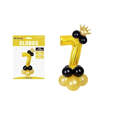 SET GLOBOS DE NUMERO 7 DORADO CON CORONA 16PCS - 1