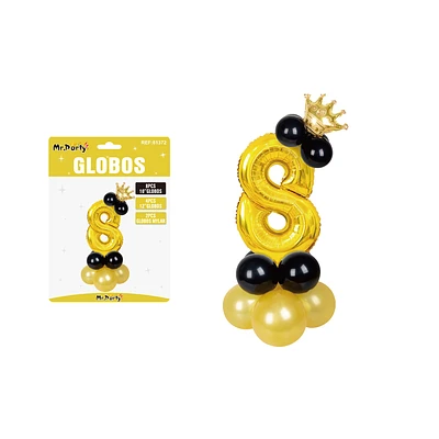 SET GLOBOS DE NUMERO 8 DORADO CON CORONA 16PCS - 1