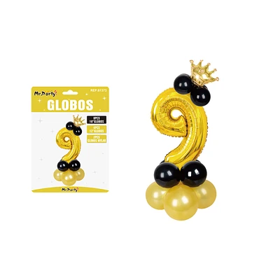 SET GLOBOS DE NUMERO 9 DORADO CON CORONA 16PCS - 1