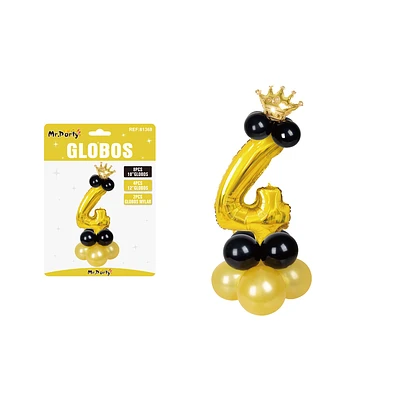 SET GLOBOS DE NUMERO 4 DORADO CON CORONA 16PCS - 1