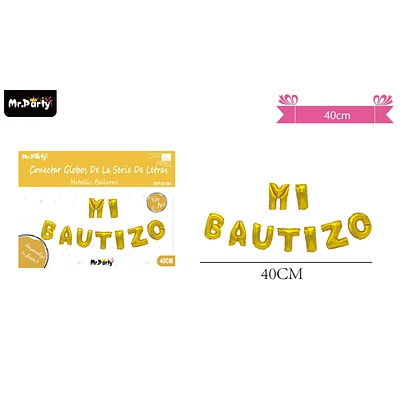 GLOBOS METALICO DE LETRA MI BAUTIZO DORADO 40CM - 1
