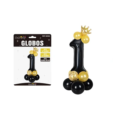 SET GLOBOS DE NUMERO 1 NERGO CON CORONA 16PCS - 1