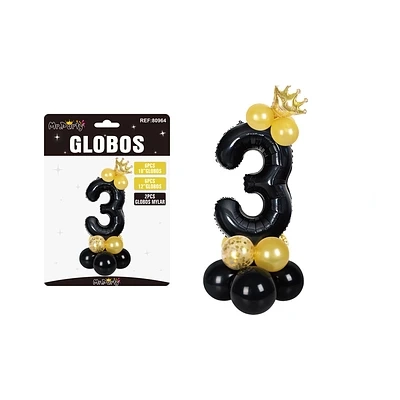 SET GLOBOS DE NUMERO 3 NERGO CON CORONA 16PCS - 1