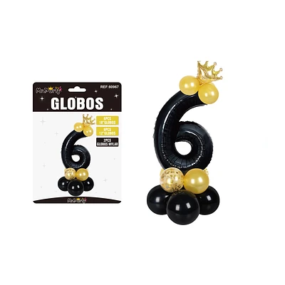 SET GLOBOS DE NUMERO 6 NERGO CON CORONA 16PCS - 1