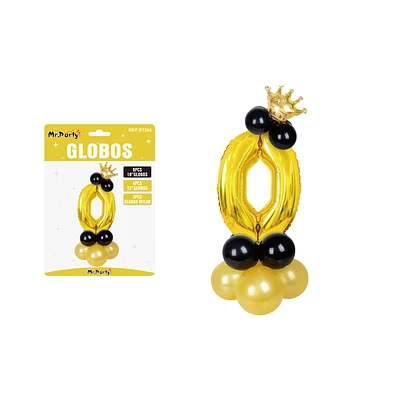 SET GLOBOS DE NUMERO 0 DORADO CON CORONA 16PCS - 1