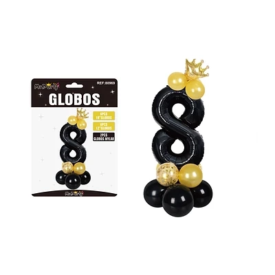 SET GLOBOS DE NUMERO 8 NERGO CON CORONA 16PCS - 1