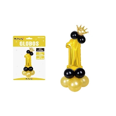 SET GLOBOS DE NUMERO 1 DORADO CON CORONA 16PCS - 1