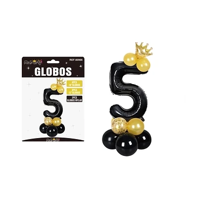 SET GLOBOS DE NUMERO 5 NERGO CON CORONA 16PCS - 1