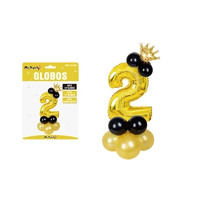 SET GLOBOS DE NUMERO 2 DORADO CON CORONA 16PCS - 1