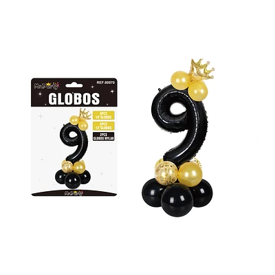 SET GLOBOS DE NUMERO 9 NERGO CON CORONA 16PCS - 1