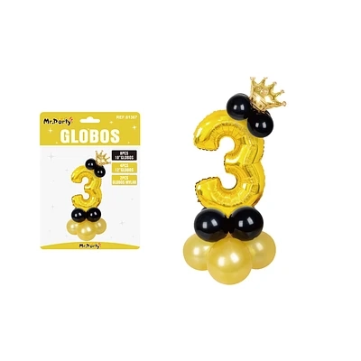 SET GLOBOS DE NUMERO 3 DORADO CON CORONA 16PCS - 1