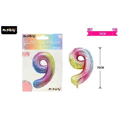 GLOBO METALICO MULTICOLOR 70CM NUMERO 9 - 1