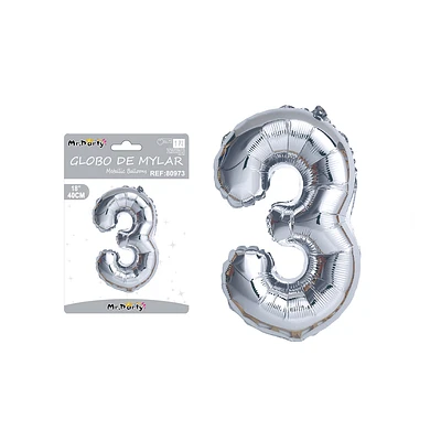 GLOBO METALICO PLATEADO 40CM NUMERO 3 - 1