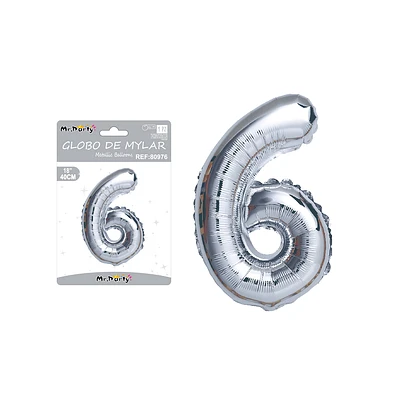 GLOBO METALICO PLATEADO 40CM NUMERO 6 - 1