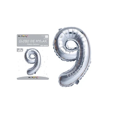 GLOBO METALICO PLATEADO 40CM NUMERO 9 - 1