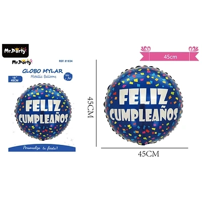 GLOBO METALICO REDONDO FELIZ CUMPLEAÑOS 45CM - 1