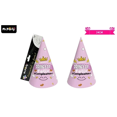 GORRO DE PRINCESA Y CORONA ROSADO 24CM 6PCS - 1