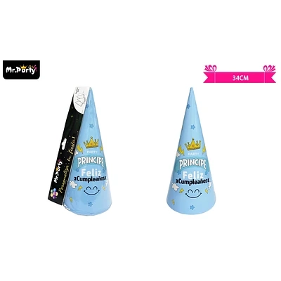 GORRO DE PRINCIPE Y CORONA CELESTE 34CM 6PCS - 1