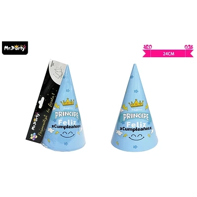 GORRO DE PRINCIPE Y CORONA CELESTE 24CM 6PCS - 1