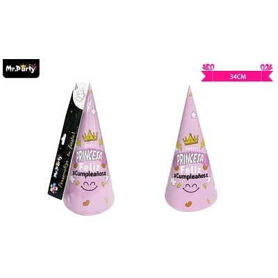 GORRO DE PRINCESA Y CORONA ROSADO 34CM 6PCS - 1
