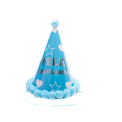 GORRO POMPON FELIZ CUMPLEAÑOS AZUL CON CORAZON Y ESTRELLA - 1