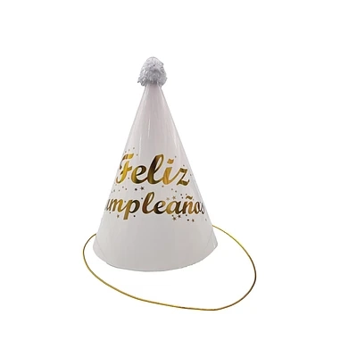 GORRO COTILLON FELIZ CUMPLEAÑOS BLANCO Y DORADO 17CM - 1