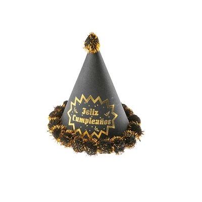 GORRO POMPON FELIZ CUMPLEAÑOS NEGRO 20CM - 1