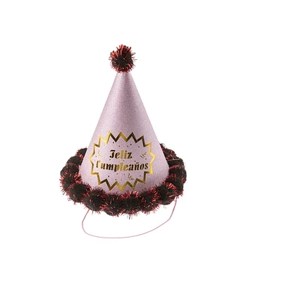 GORRO POMPON FELIZ CUMPLEAÑOS ROSADO 20CM - 1