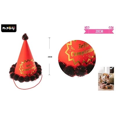 GORRO POMPON FELIZ CUMPLEAÑOS ROJO 20CM - 1