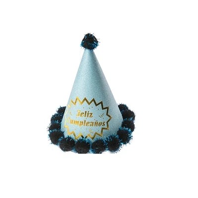 GORRO POMPON FELIZ CUMPLEAÑOS CELESTE 20CM - 1