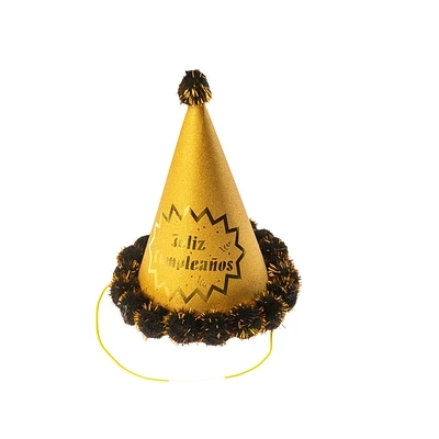 GORRO POMPON FELIZ CUMPLEAÑOS DORADO 20CM - 1