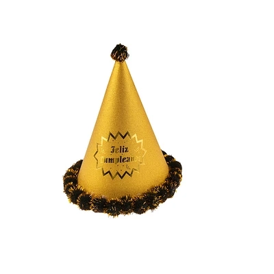 GORRO POMPON FELIZ CUMPLEAÑOS DORADO 24CM - 1