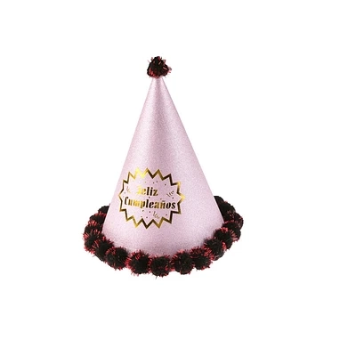 GORRO POMPON FELIZ CUMPLEAÑOS ROSADO 24CM - 1