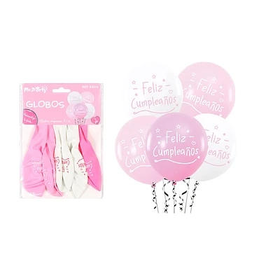 GLOBOS DE LATEX FELIZ CUMPLEAÑOS BLANCO Y ROSADO 5PCS - 1