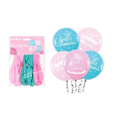 GLOBOS DE LATEX FELIZ CUMPLEAÑOS AZUL Y ROSADO 5PCS - 1