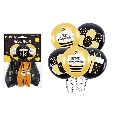 GLOBOS DE LATEX FELIZ CUMPLEAÑOS NEGRO Y DORADO 5PCS - 1
