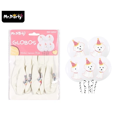 GLOBOS DE LATEX BLANCOS CON PERRITOS MATE 30CM 5PCS - 1