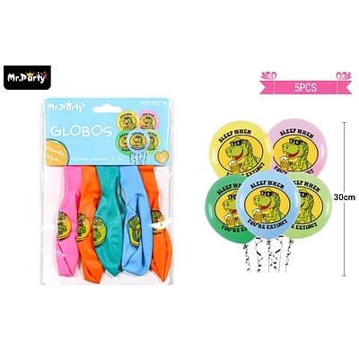 GLOBOS DE LATEX MULTICOLOR CON DINOSAURIOS 30CM 5PCS - 1