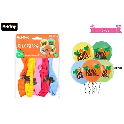 GLOBOS DE LATEX MULTICOLOR CON DINOSAURIOS 30CM 5PCS - 1