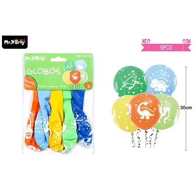 GLOBOS DE LATEX MULTICOLOR CON DINOSAURIOS 30CM 5PCS - 1