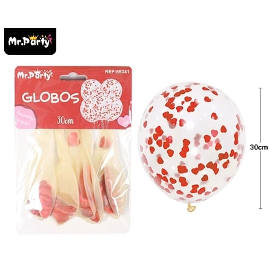 GLOBOS DE LATEX CON CONFETTI DE CORAZON ROJO 30CM 5PCS - 1