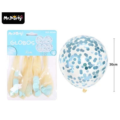 GLOBOS DE LATEX CON CONFETTI DE REDONDO CELESTE 30CM 5PCS - 1